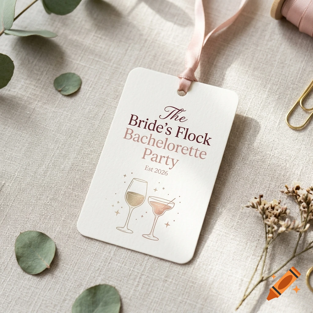 Photorealistic top-down view of a white rectangular gift tag with pink ribbon, reading The Bride's Flock Bachelorette Party Est 2026, surrounded by eucalyptus leaves and dried flowers on linen.