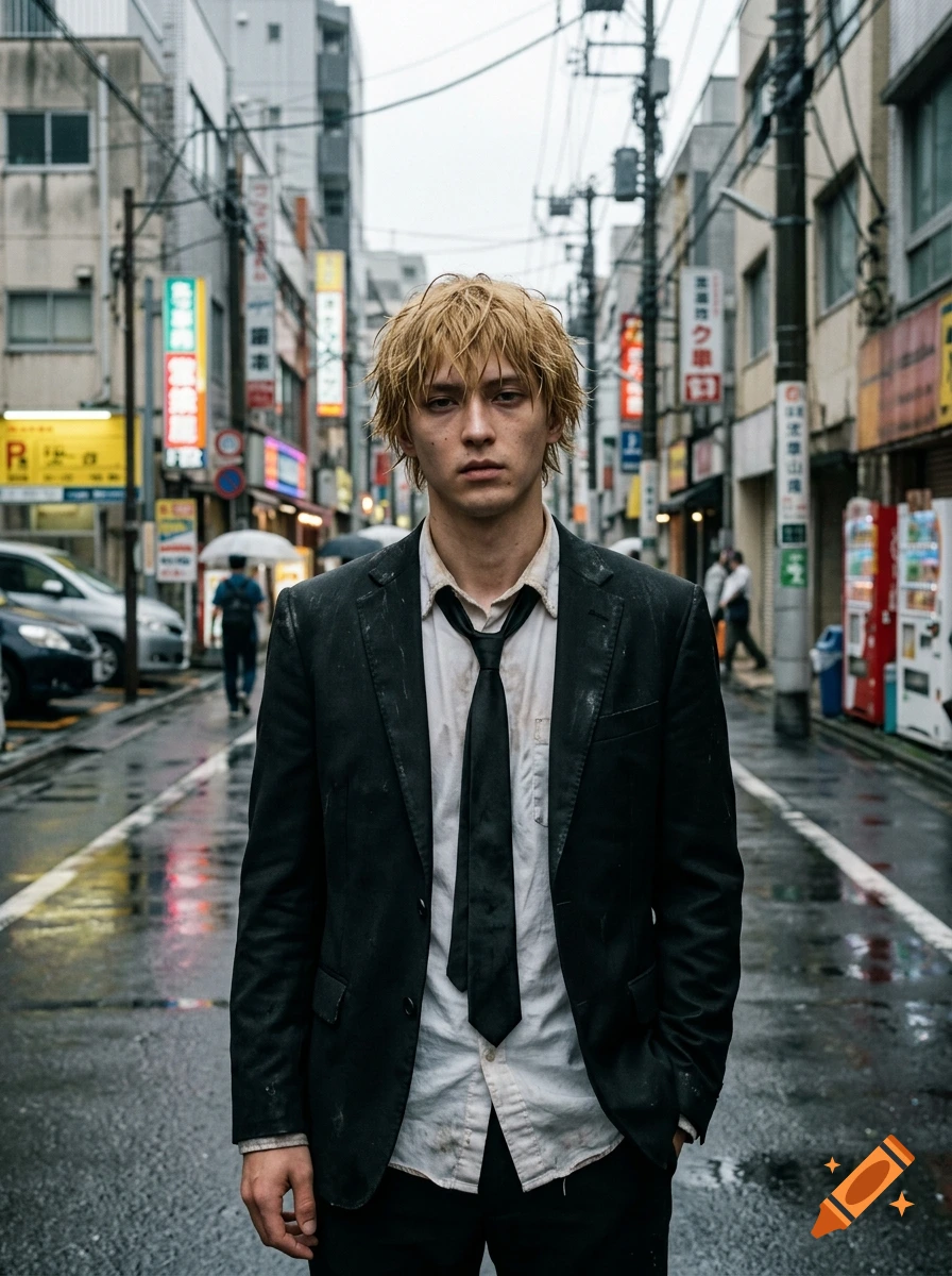 Realistic depiction of Denji from Chainsaw Man in a rainy Japanese street.