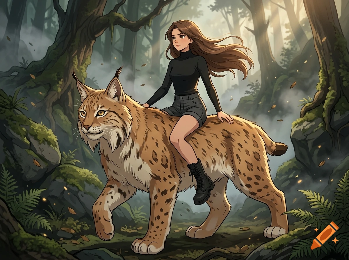 An anime style illustration of a girl with brown hair riding a large lynx through a misty forest.