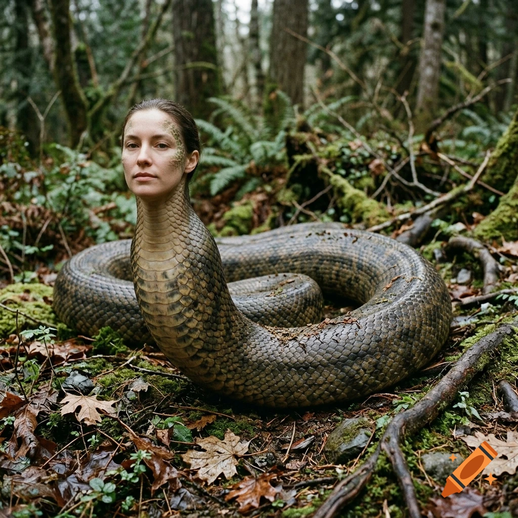 Photorealistic image of a woman's head with scaly skin blending seamlessly into the coiled body of a large snake, resting on a forest floor.