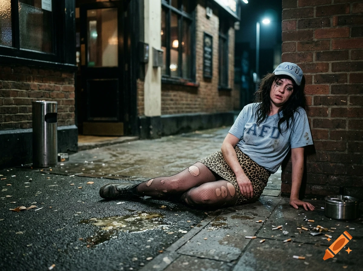 Photorealistic image of a young woman with running makeup and a cap sitting on a sidewalk next to a brick wall at night.