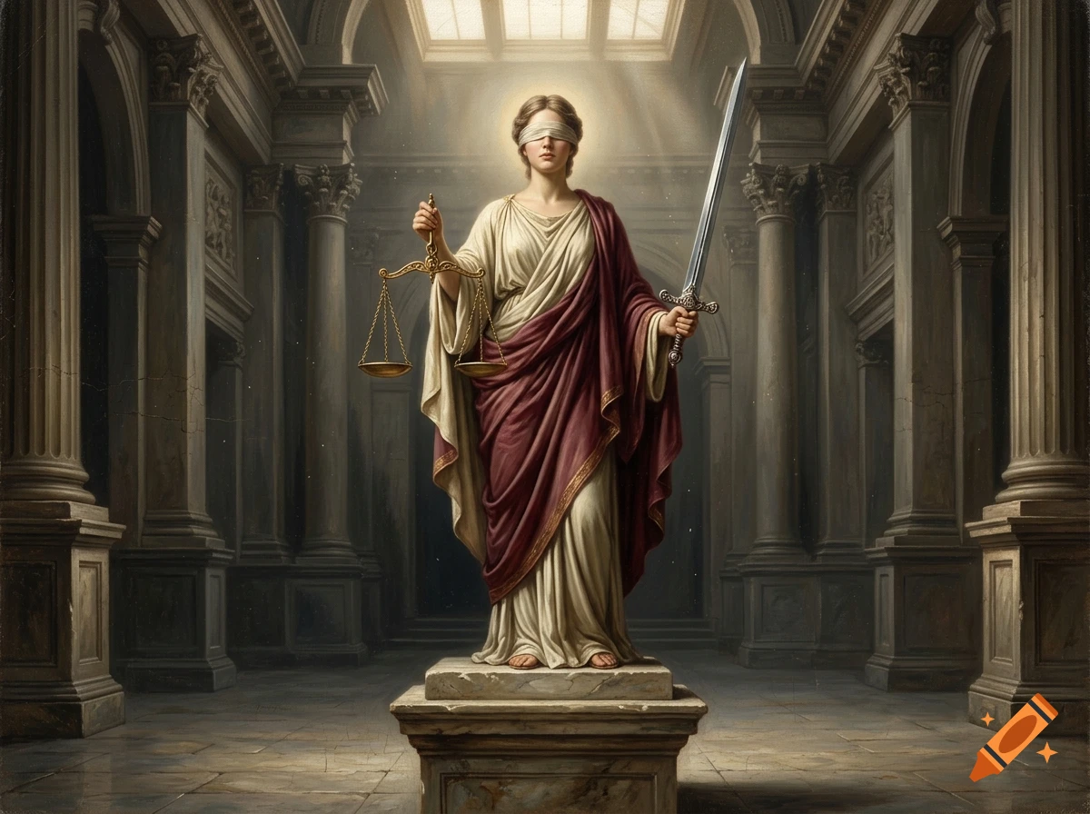 Realistic painting of Lady Justice standing on a pedestal holding scales and a sword inside a grand classical hall.