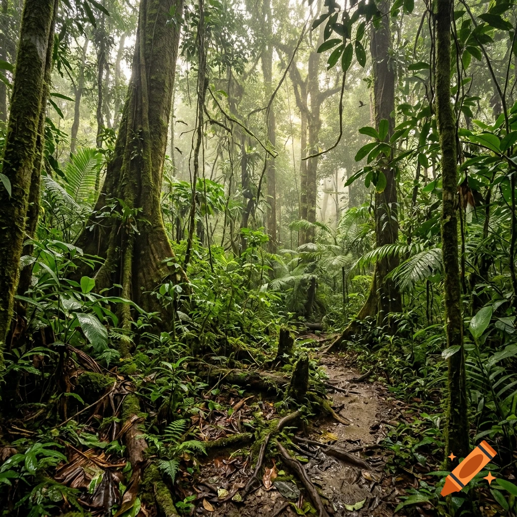Photorealistic dense jungle with tall trees, lush green foliage, and a muddy path winding through.