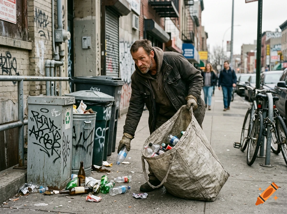 Photorealistic street scene of a man collecting bottles in a large bag on a city sidewalk next to garbage cans.