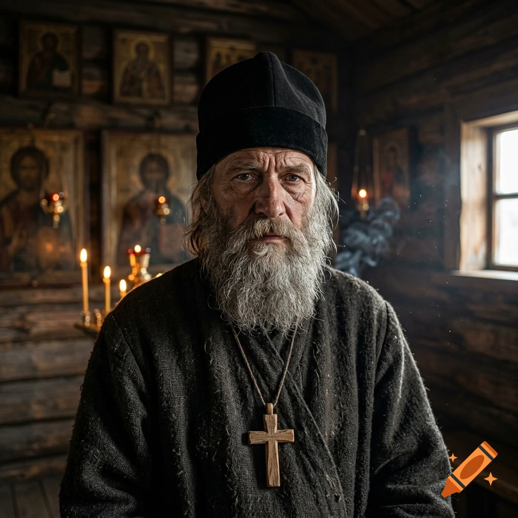 Photorealistic portrait of an elderly priest with a long gray beard, wearing a black cassock and a wooden cross necklace inside a wooden church.