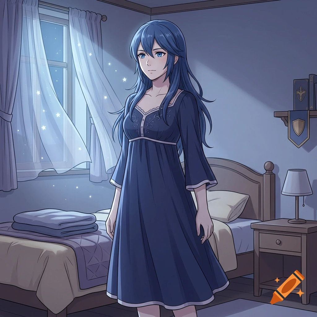Anime style illustration of Lucina from Fire Emblem wearing a blue nightgown standing in a bedroom at night.