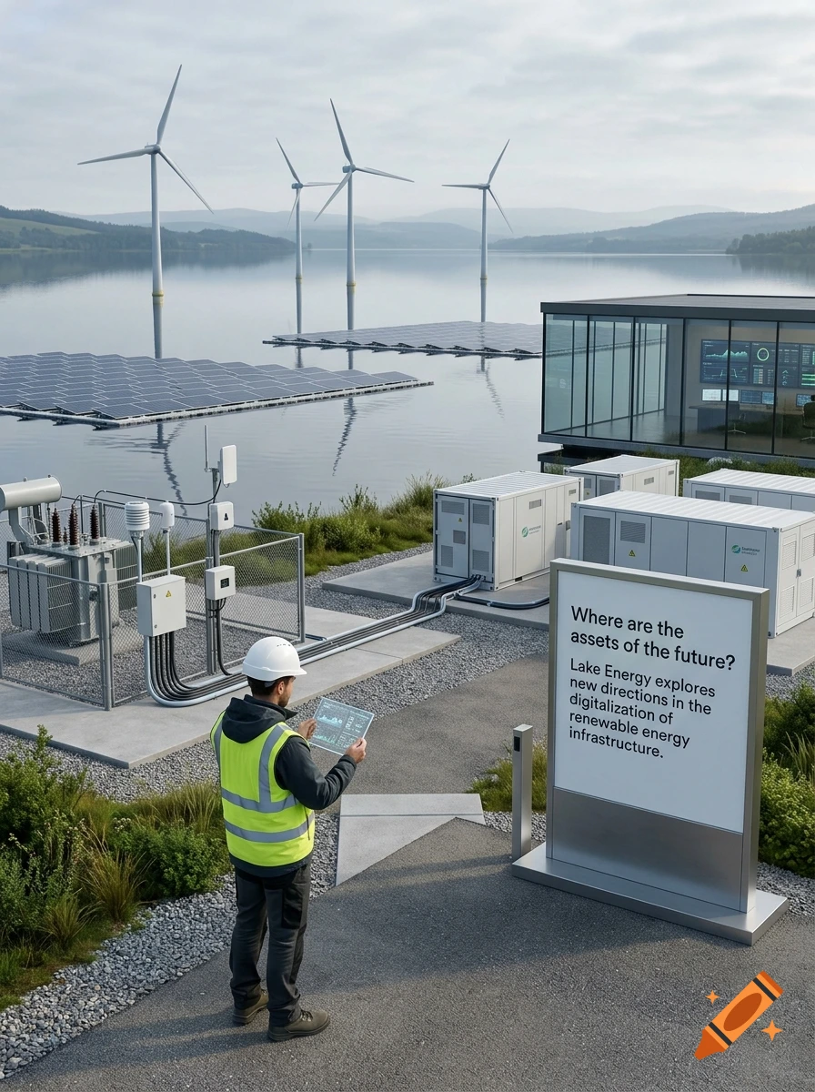 Photorealistic image of a technician inspecting renewable energy infrastructure with wind turbines and solar panels by a lake.