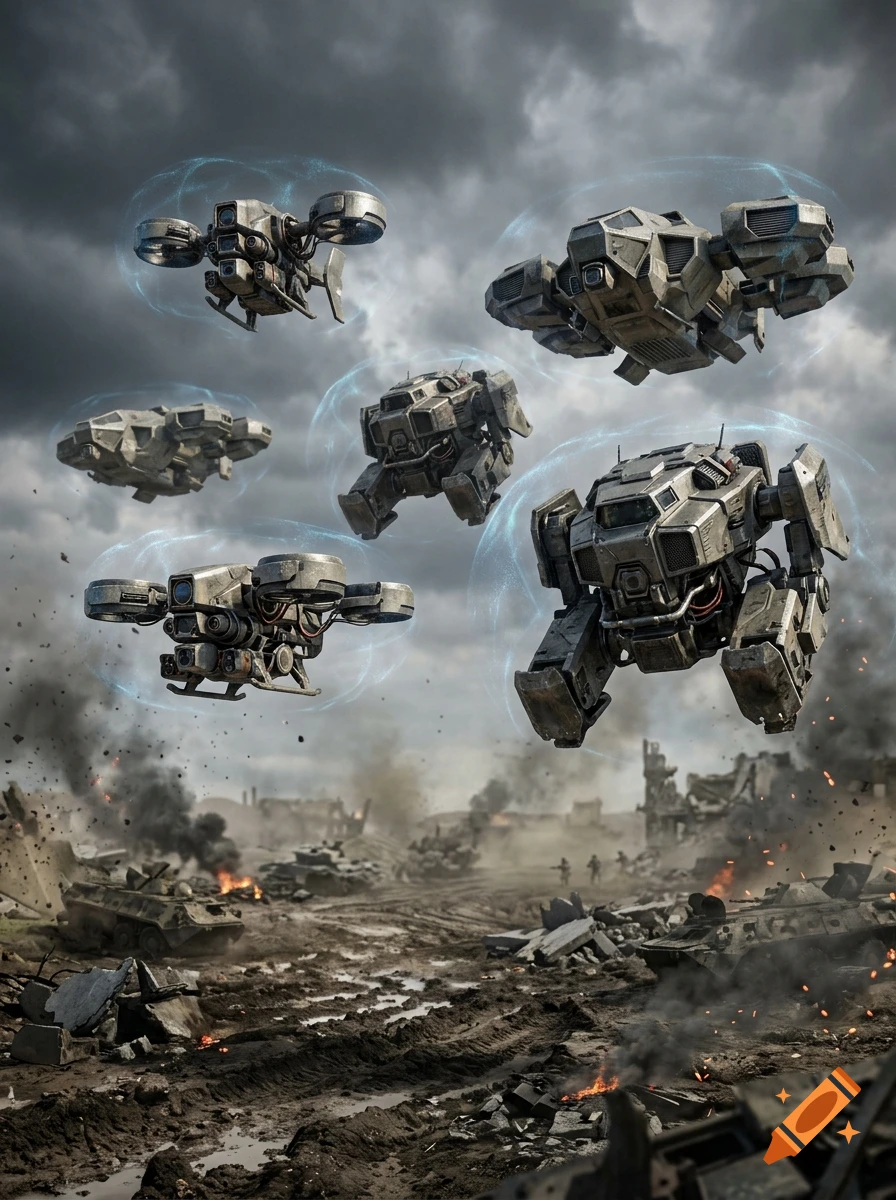 Photorealistic image of futuristic military mechs and drones hovering over a war-torn battlefield under a cloudy sky.
