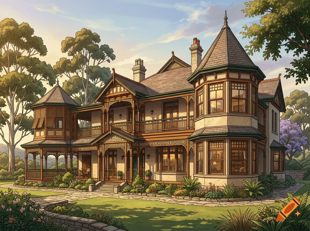 An illustrated Victorian and Craftsman style mansion with a wraparound veranda and corner tower surrounded by trees.