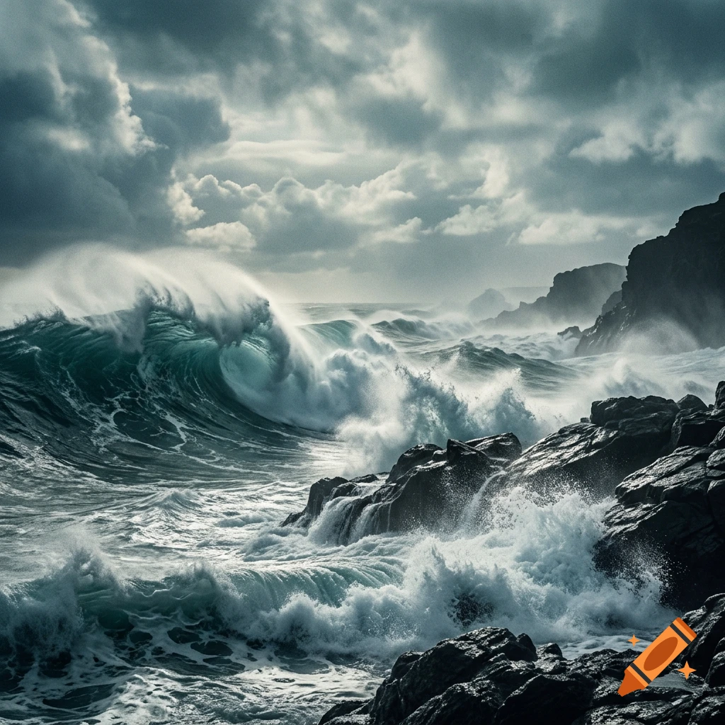 Photorealistic image of powerful ocean waves crashing against dark rocky cliffs under a stormy, cloudy sky.