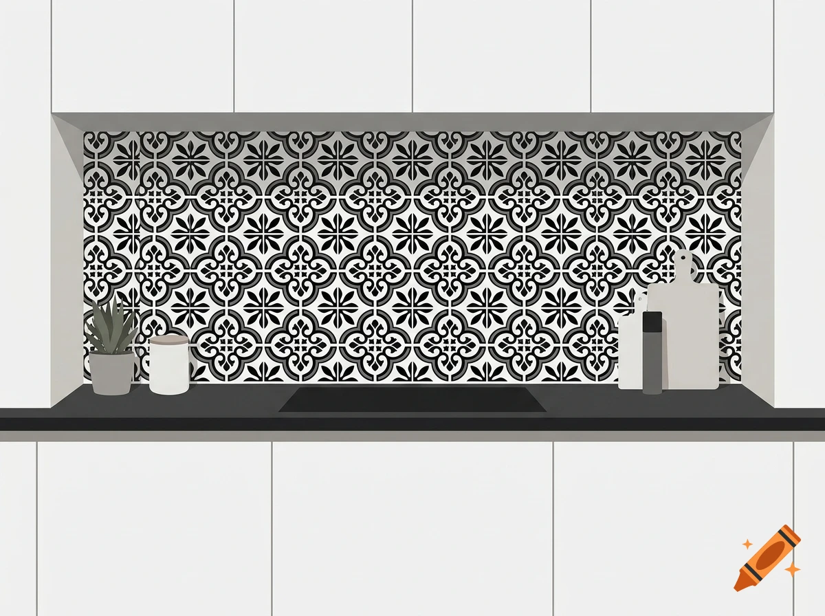 Illustration of a modern kitchen with white cabinets, a black countertop, and a decorative black and white patterned tile backsplash.