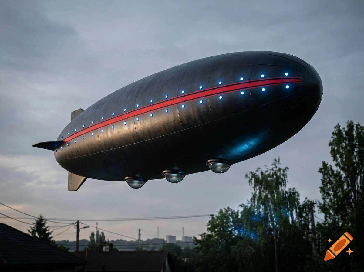 A sleek dark gray futuristic airship with a red stripe and glowing blue lights flying over a residential area at dusk.
