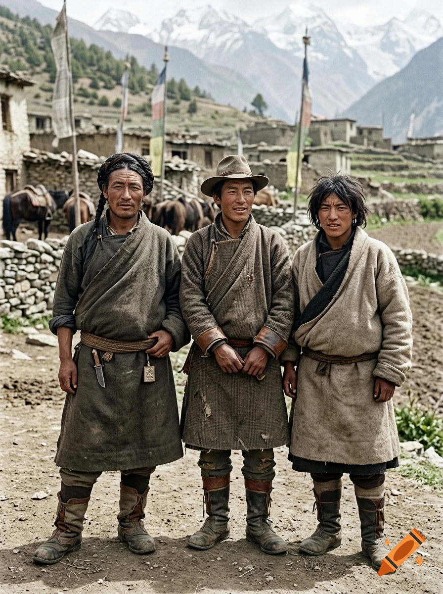 Photorealistic image of three young Tibetan men in traditional clothing standing in a mountain village in 1910.