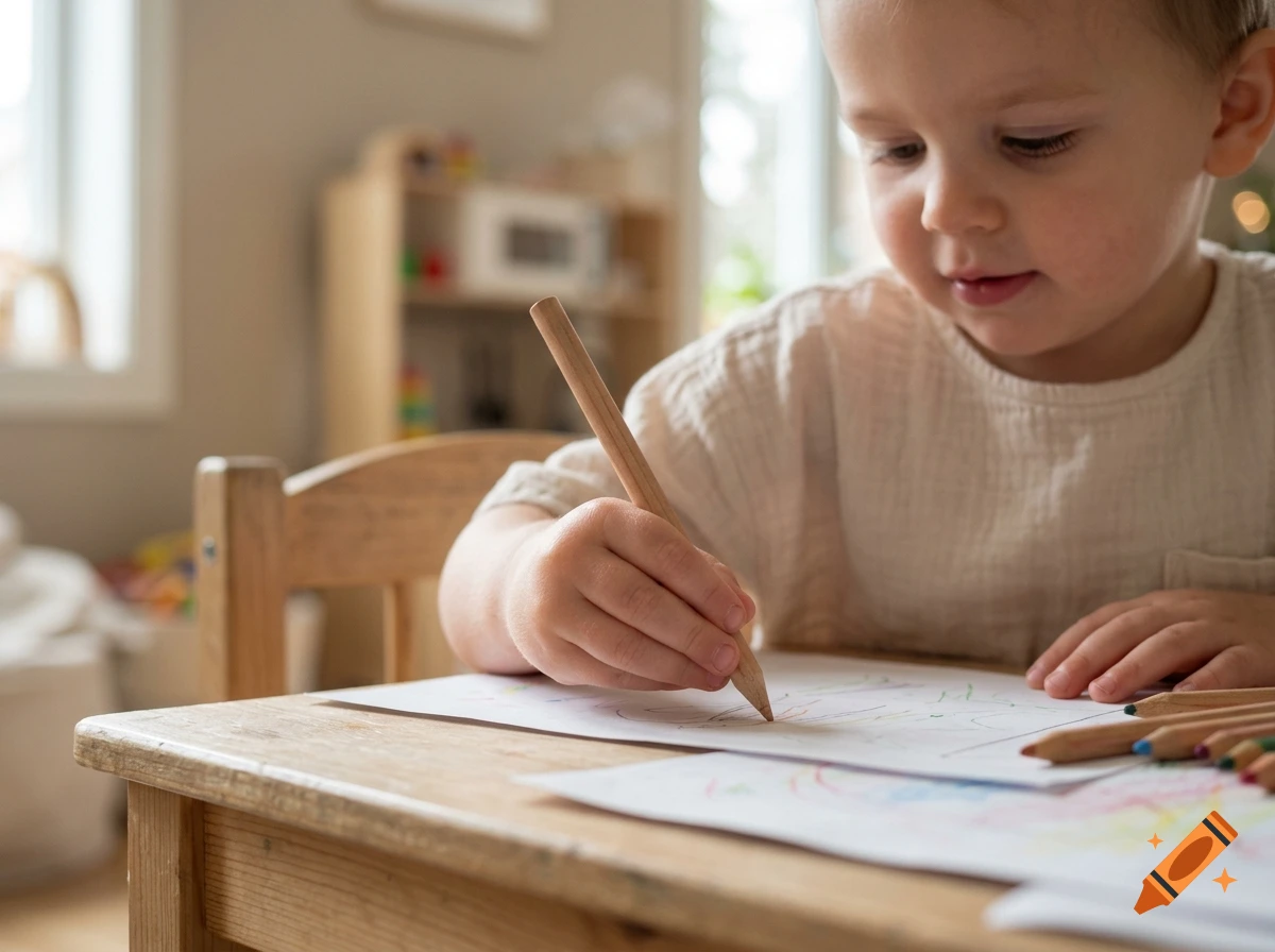 Close-up of a toddler holding a wooden pencil, drawing on paper at a wooden table in a brightly lit room.