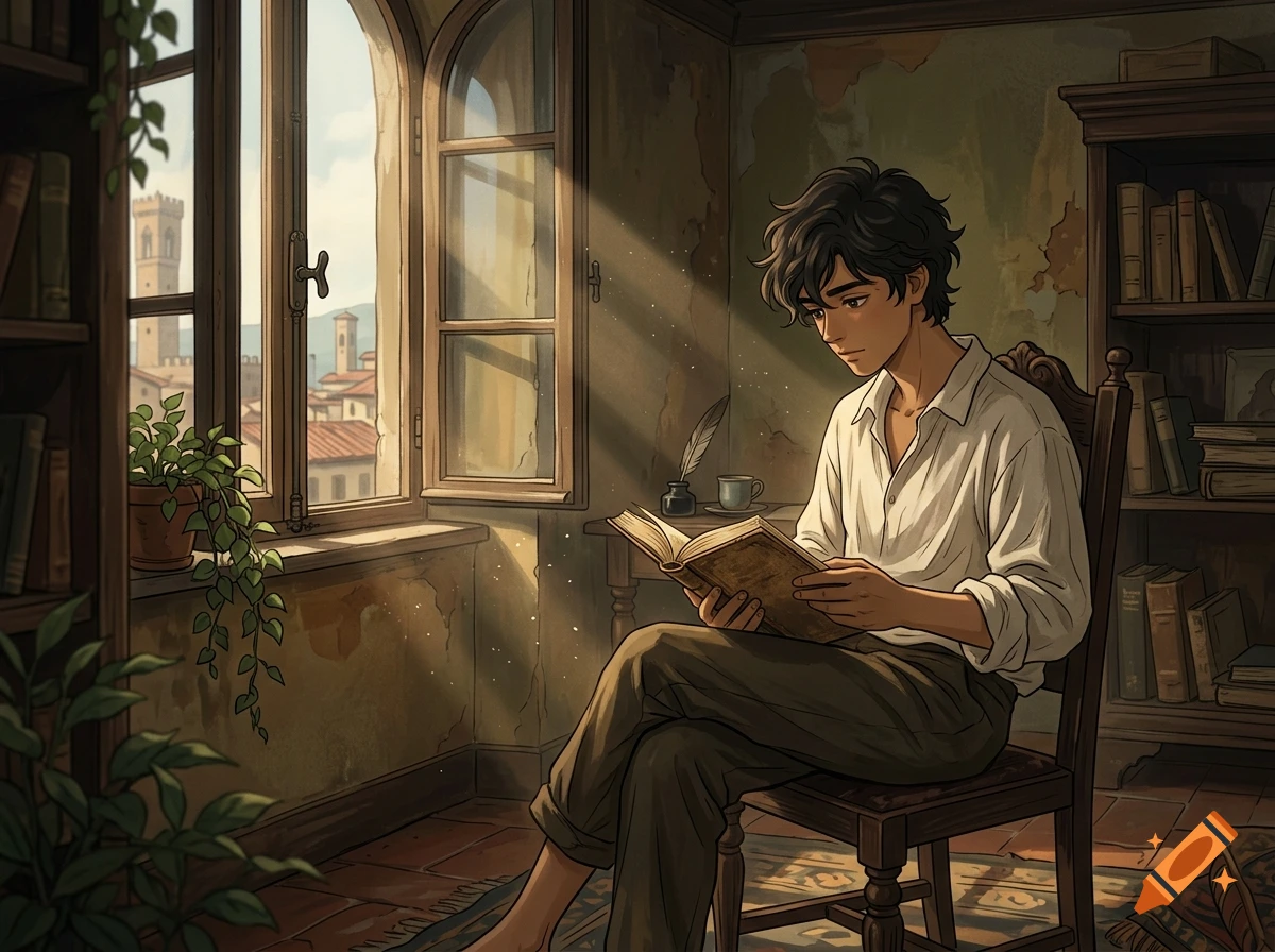 A young man with dark, messy hair sits in a wooden chair indoors, reading a book in the warm sunlight streaming through an open window.
