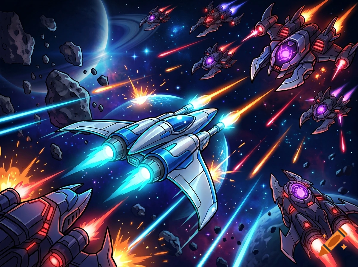 2D digital illustration of a heroic spaceship battling enemy ships amidst asteroid fields and explosions in space.