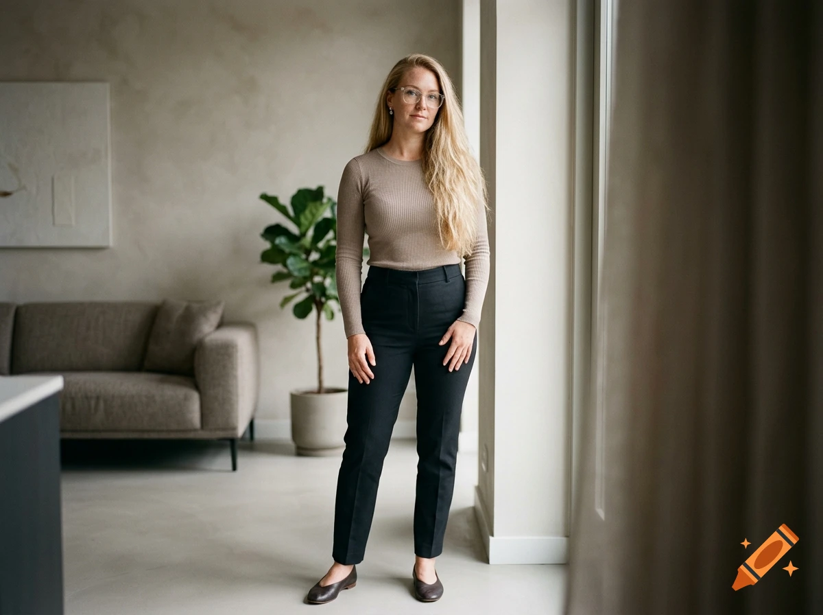 A full-length portrait of a woman with blonde hair, glasses, wearing a beige long-sleeve top and dark trousers, standing indoors near a large window.