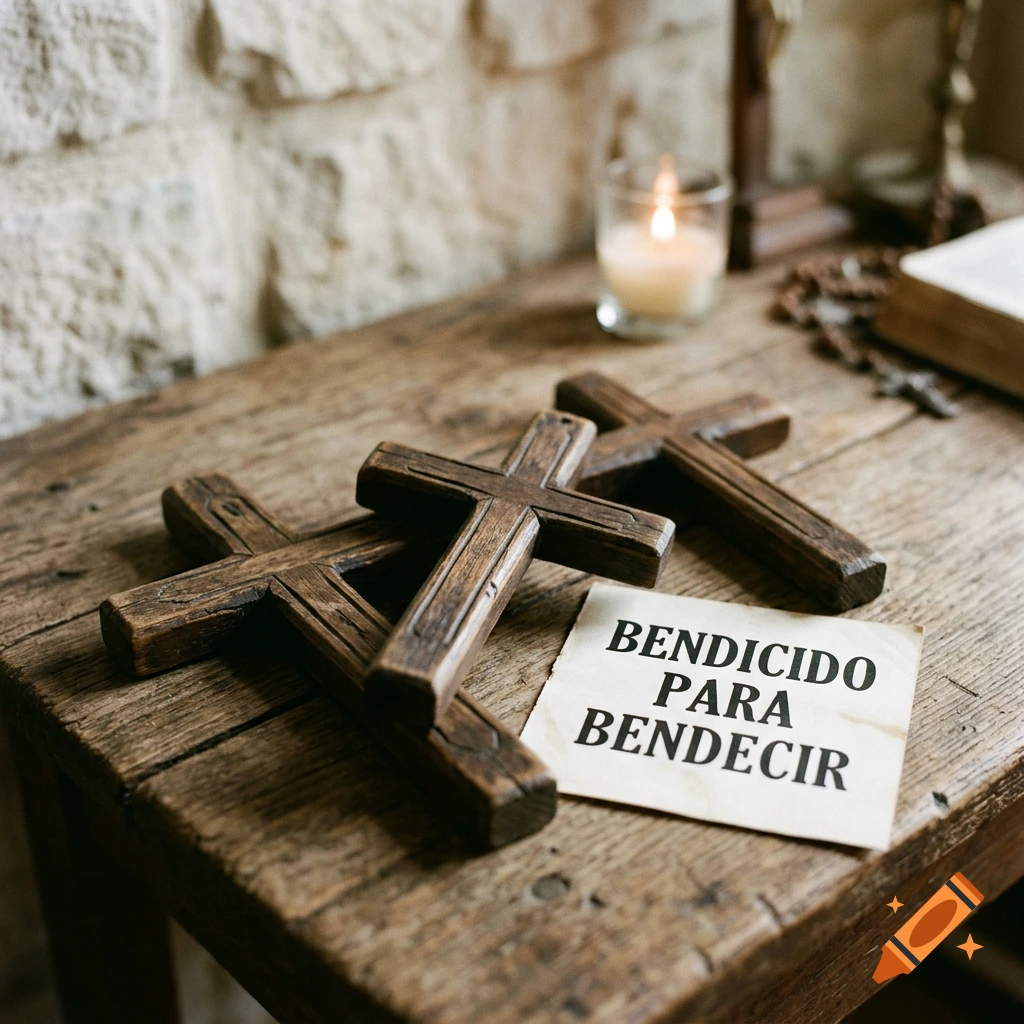 Three wooden crucifixes and a note with Spanish text reading 'Bendecido para bendecir' on a wooden table with a lit candle and rosary beads in the background.