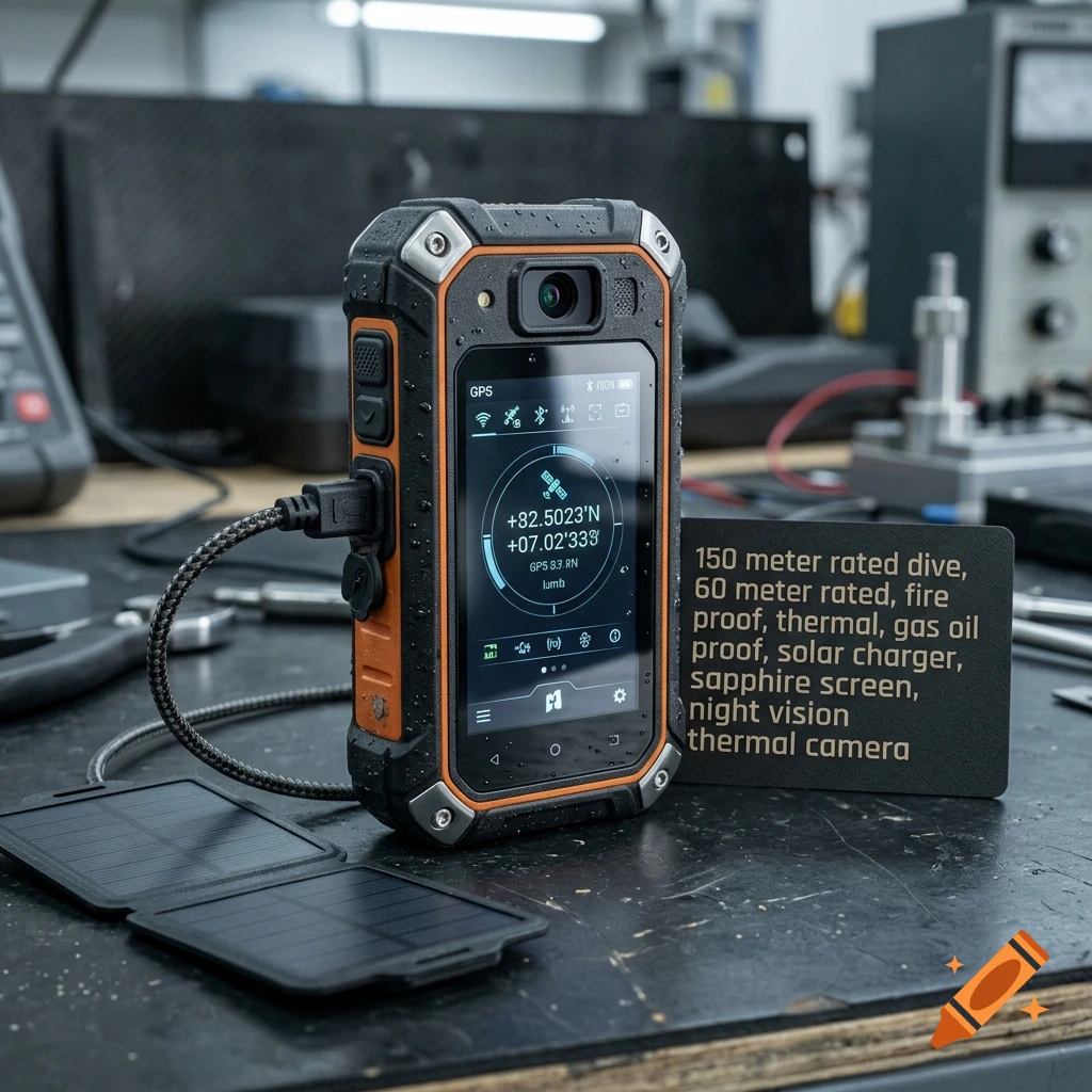 Rugged orange and black satellite communicator with screen display and solar panel charger on workshop table, photorealistic