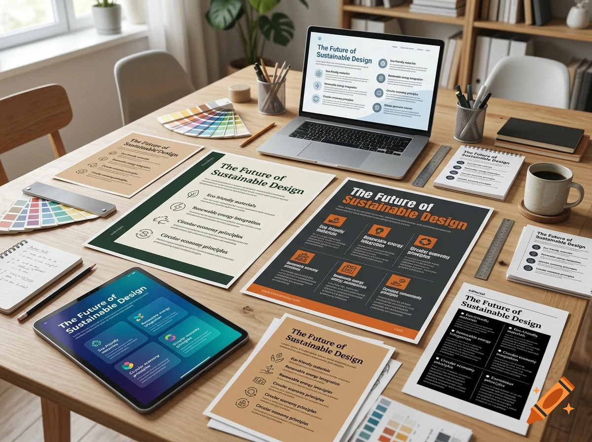 Photorealistic overhead shot of a wooden desk with a laptop, tablet, and various sustainable design print layouts and color swatches.
