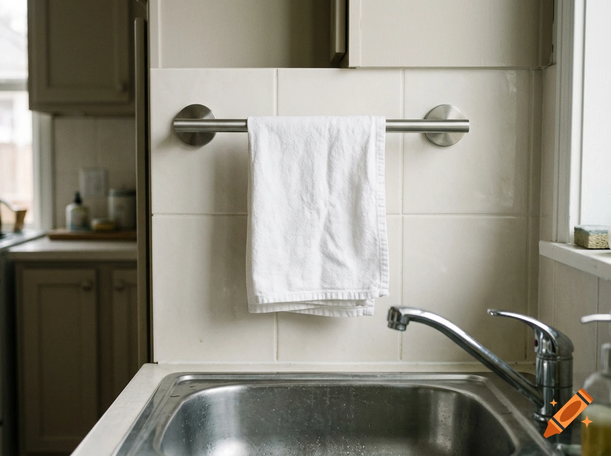 Photorealistic kitchen scene featuring a stainless steel sink, faucet, and a white hand towel hanging on a rack against tiled walls.