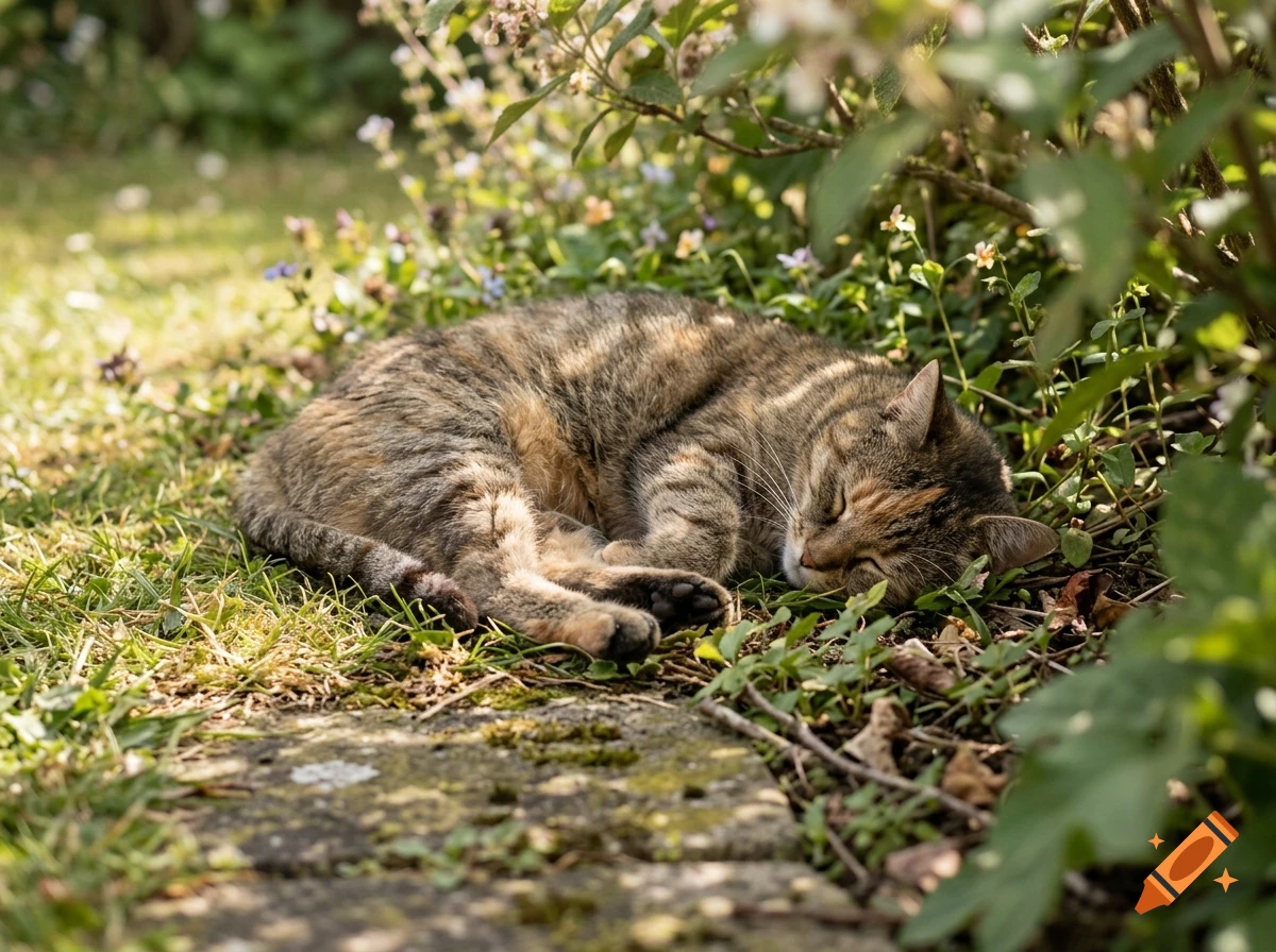 Photorealistic tabby cat sleeping peacefully in a garden surrounded by green foliage and stone pavers.