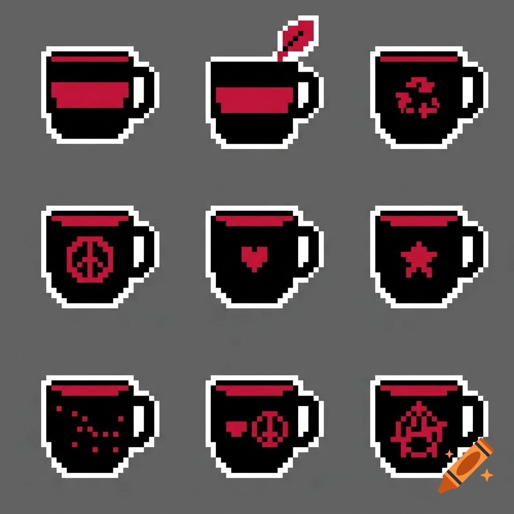 Pixel art illustration of a 3x3 grid of black mugs with red designs and white outlines.
