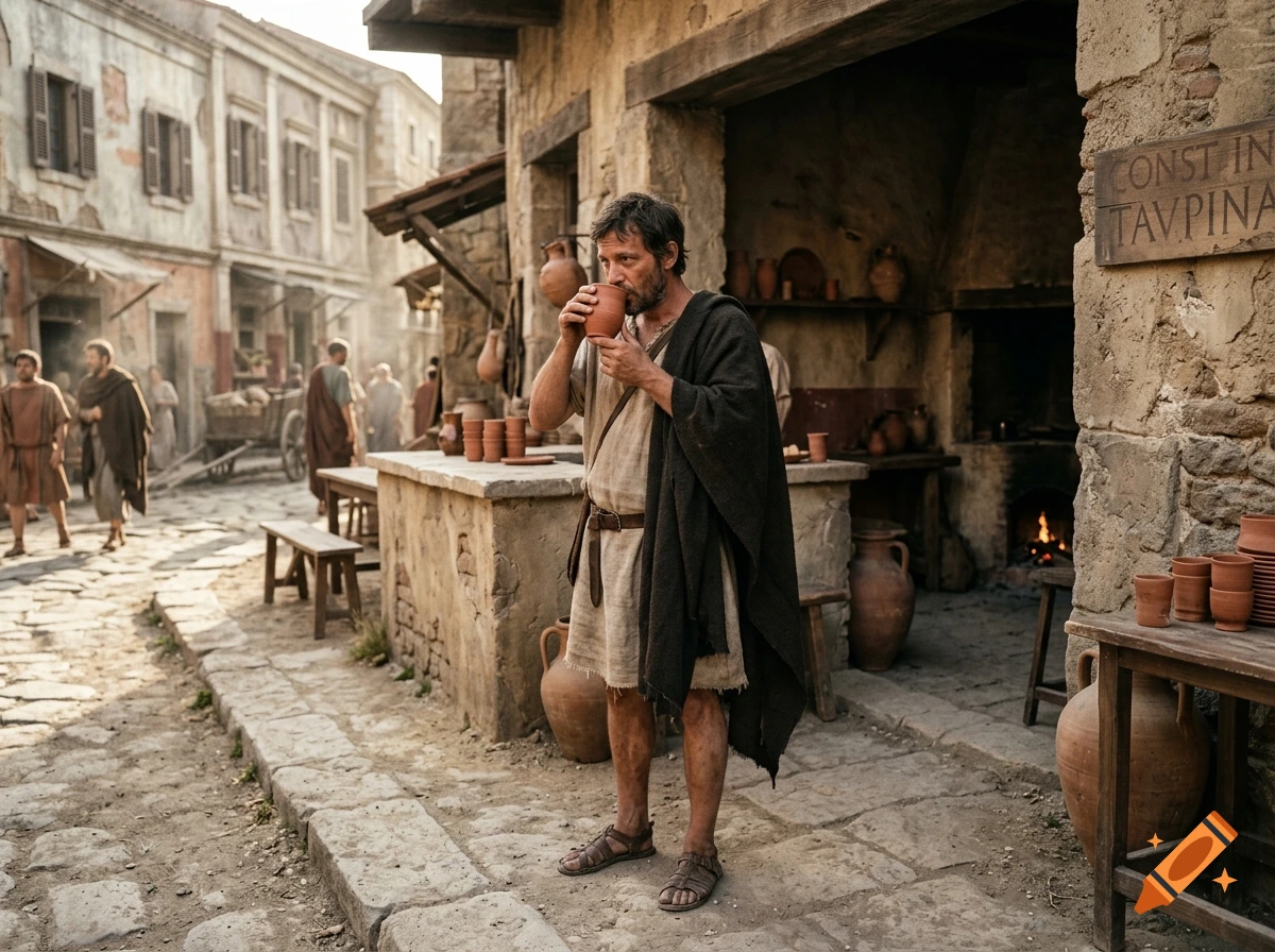 A man in historical attire stands in a rustic ancient street, drinking from a clay cup near an open storefront.