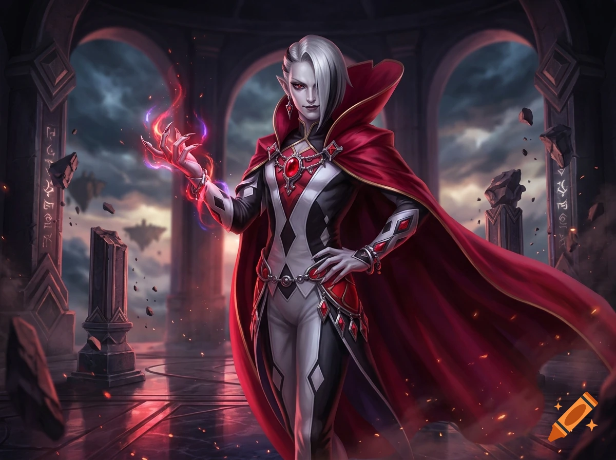 An aristocratic vampire-like male character with white hair and pale skin, wearing a red and black outfit with a dramatic cape, holding glowing magical energy in his hand amidst ruined stone architecture.