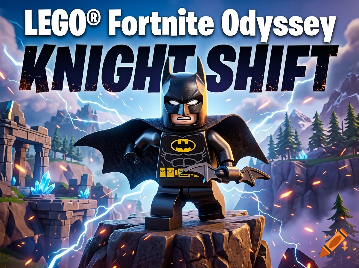 LEGO Batman in a dynamic pose holding a batarang on a rocky cliff under a lightning storm, with Fortnite-style graphics.