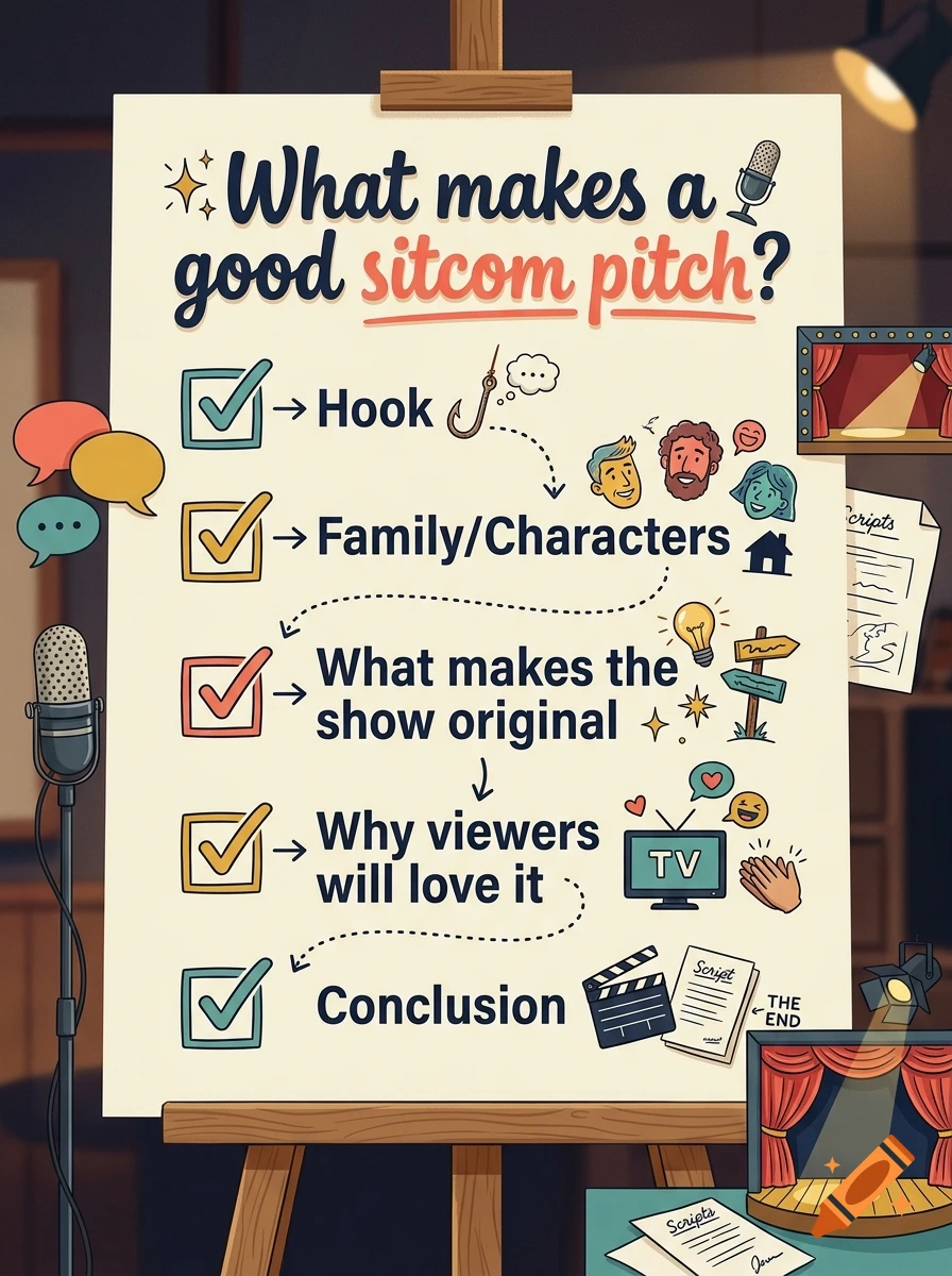 An illustrative poster on an easel titled What makes a good sitcom pitch? detailing steps including hook, characters, originality, appeal, and conclusion.