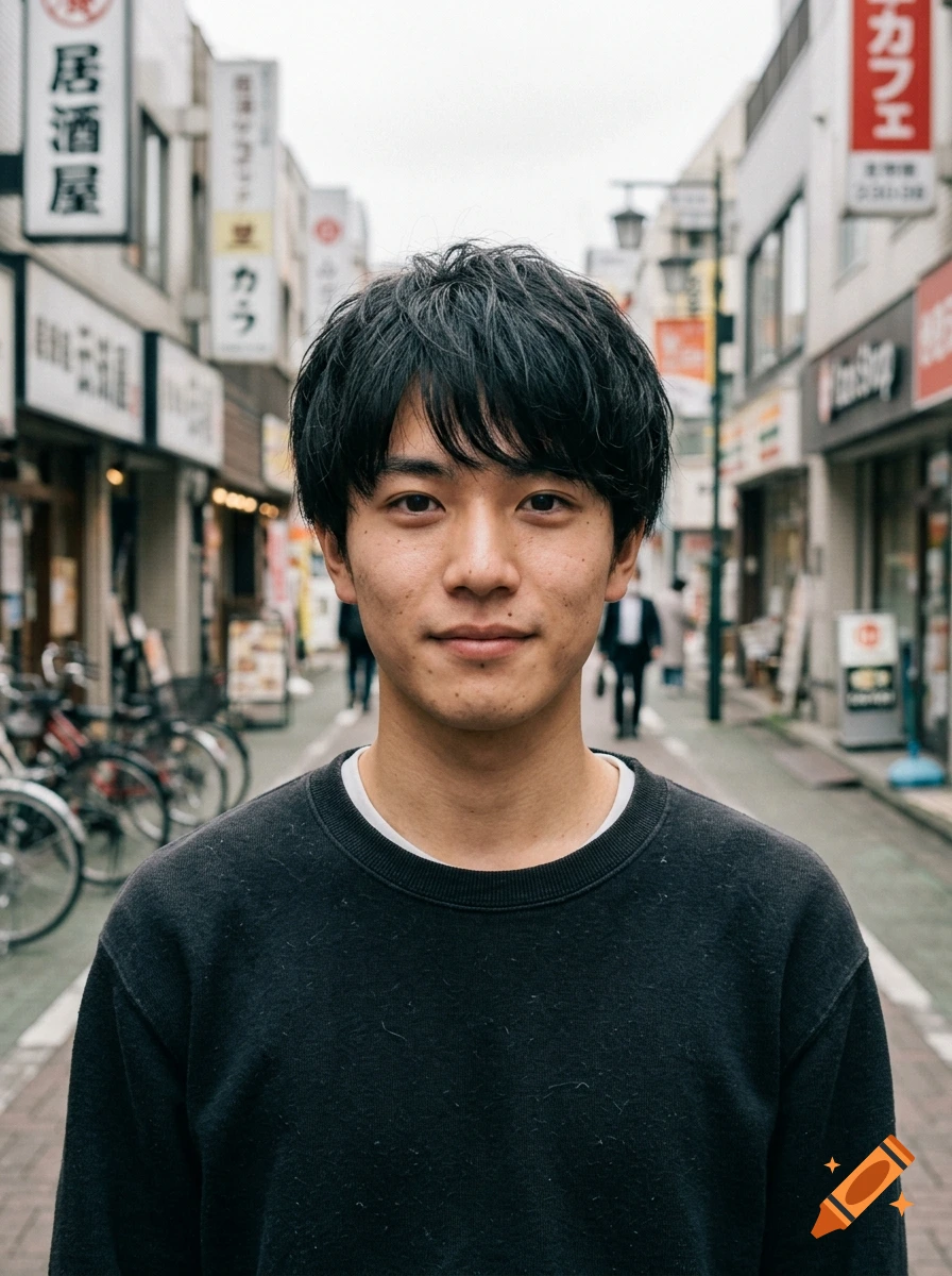 Photorealistic medium shot of a young Japanese man with dark hair in a black sweater standing in a narrow Japanese street.