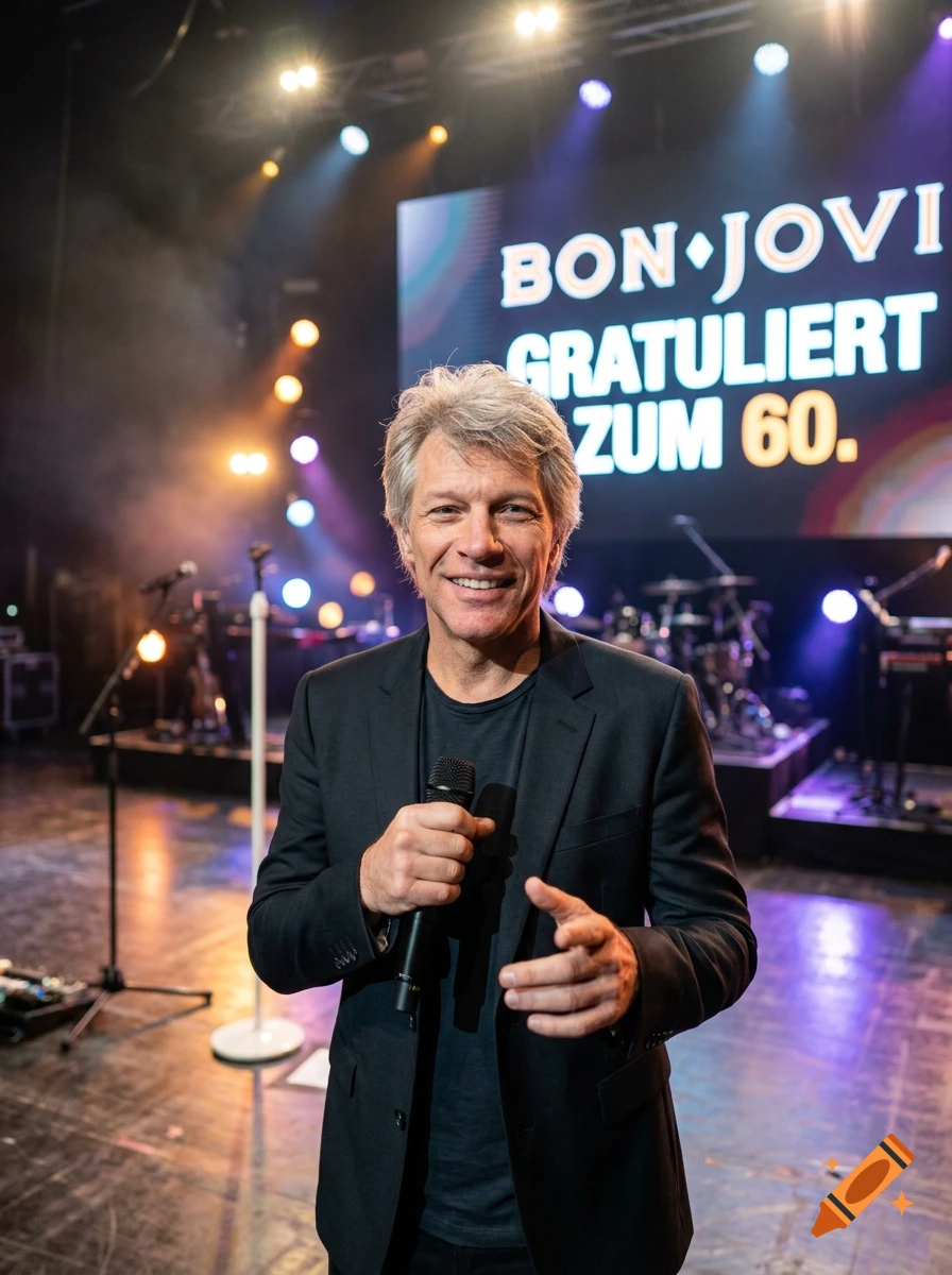 Jon Bon Jovi holding a microphone on a stage with concert lights and screen showing text in the background, photorealistic.
