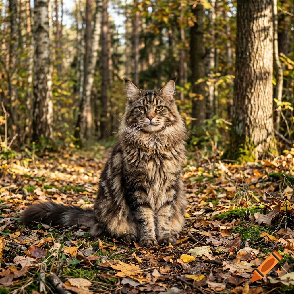 A photorealistic Maine Coon cat sitting on the forest floor surrounded by autumn leaves.