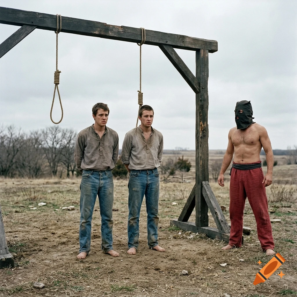 Photorealistic scene of two barefoot prisoners in jeans standing beneath gallows with a masked hangman.
