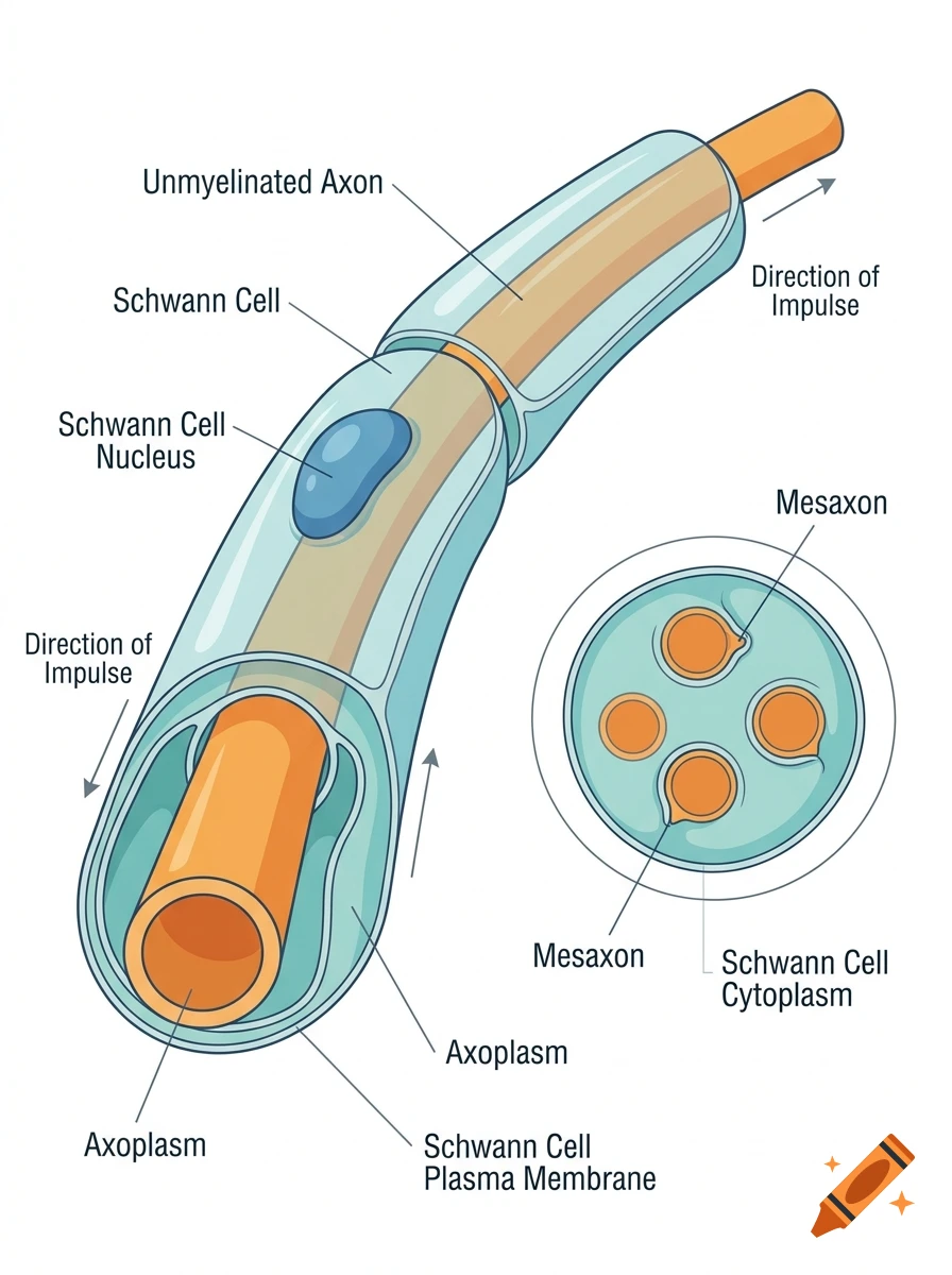 Educational diagram of an unmyelinated nerve fiber with labels pointing to the Schwann cell, nucleus, axon, and mesaxon.