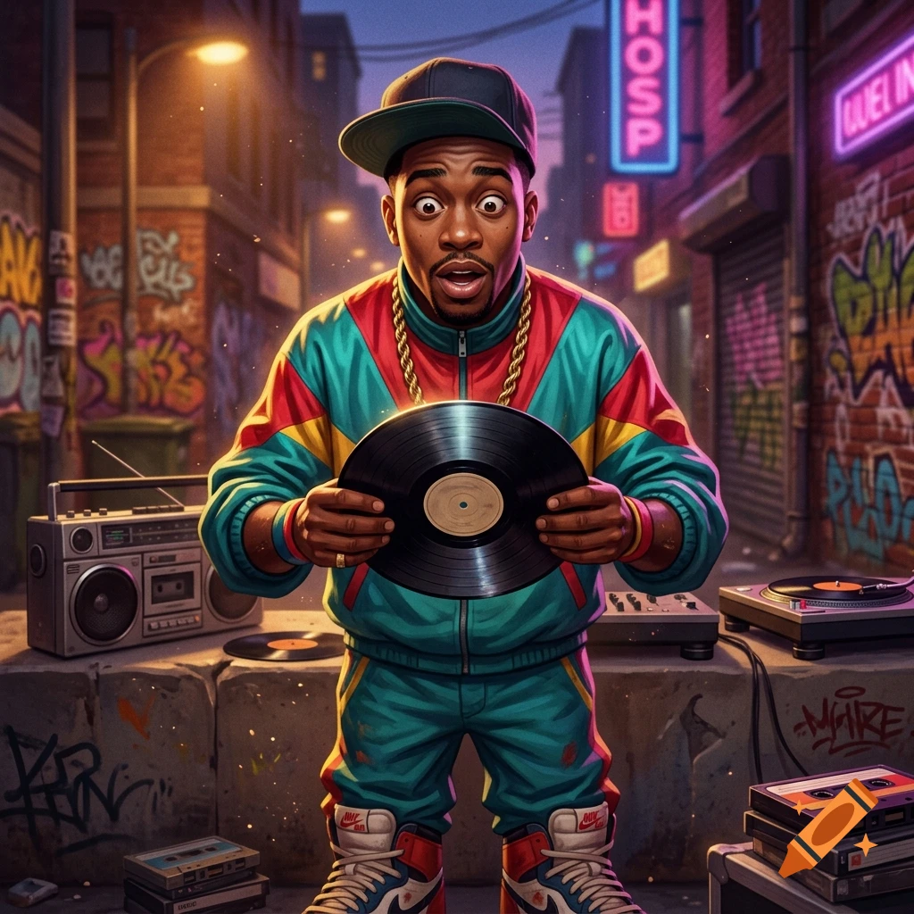 Digital illustration of an old school b-boy in 1988 holding a vinyl record with a shocked expression, in a city alleyway.
