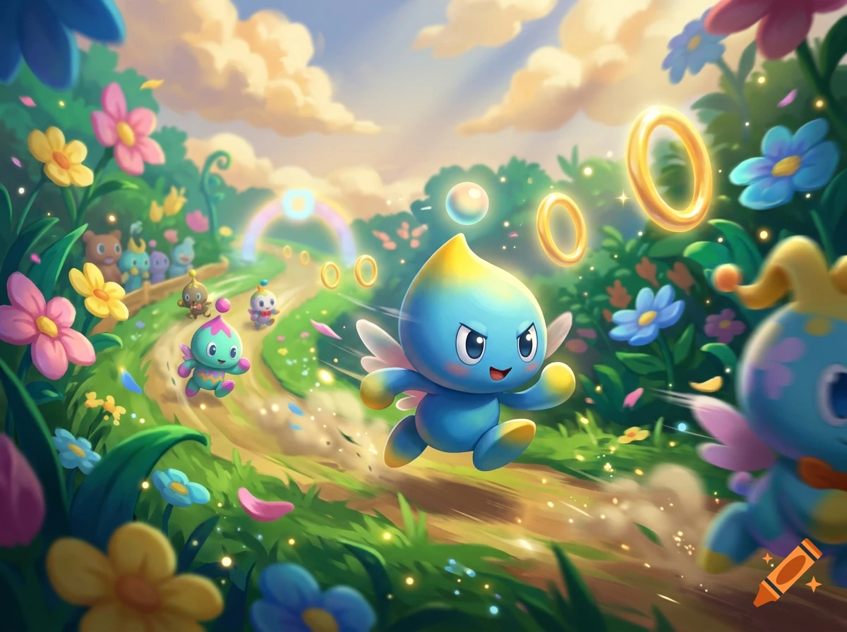 Digital painting of several colorful Chao creatures running along a dirt path in a lush, flower-filled forest with golden rings floating.