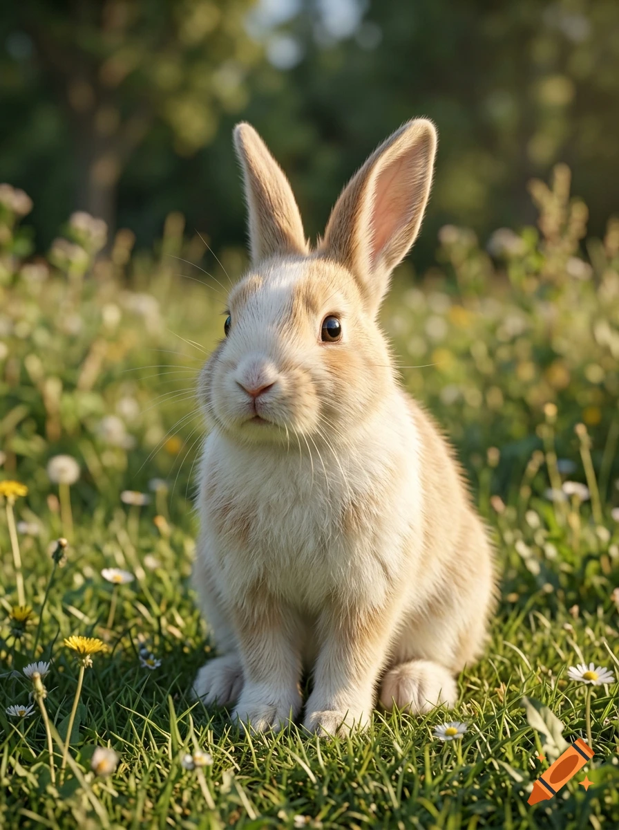 Photorealistic close-up of a cute brown and white rabbit sitting in a sunlit meadow of grass and small wildflowers.
