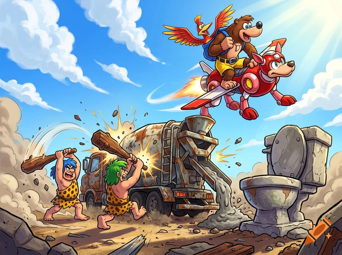 Digital illustration of Banjo and Kazooie flying on Rush Jet, looking down at Joe and Mac hitting a cement truck next to a stone toilet.