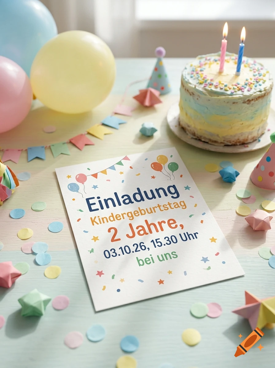 Birthday party invitation card for a 2-year-old with colorful balloons and a cake, photorealistic style.