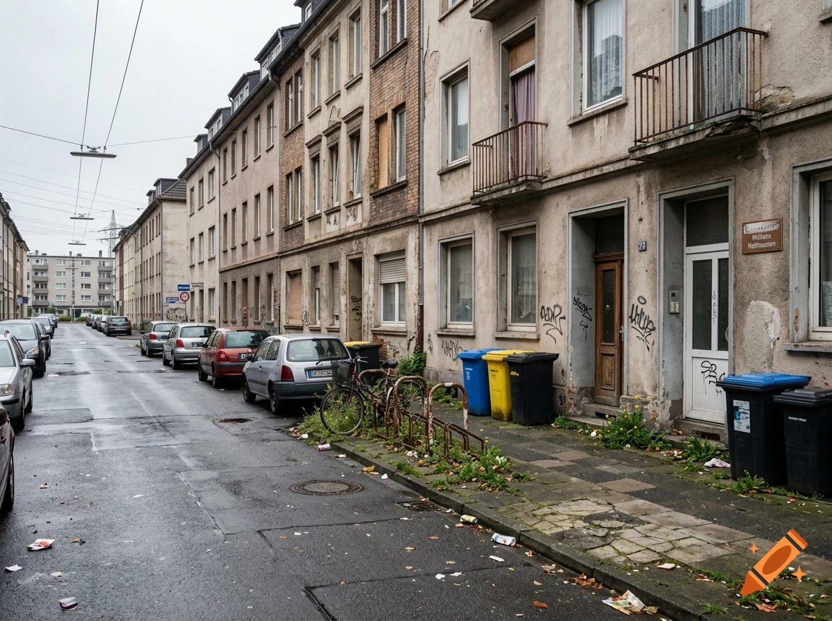 Photorealistic street view of a run-down residential neighborhood with old apartment buildings, parked cars, and trash on the pavement.