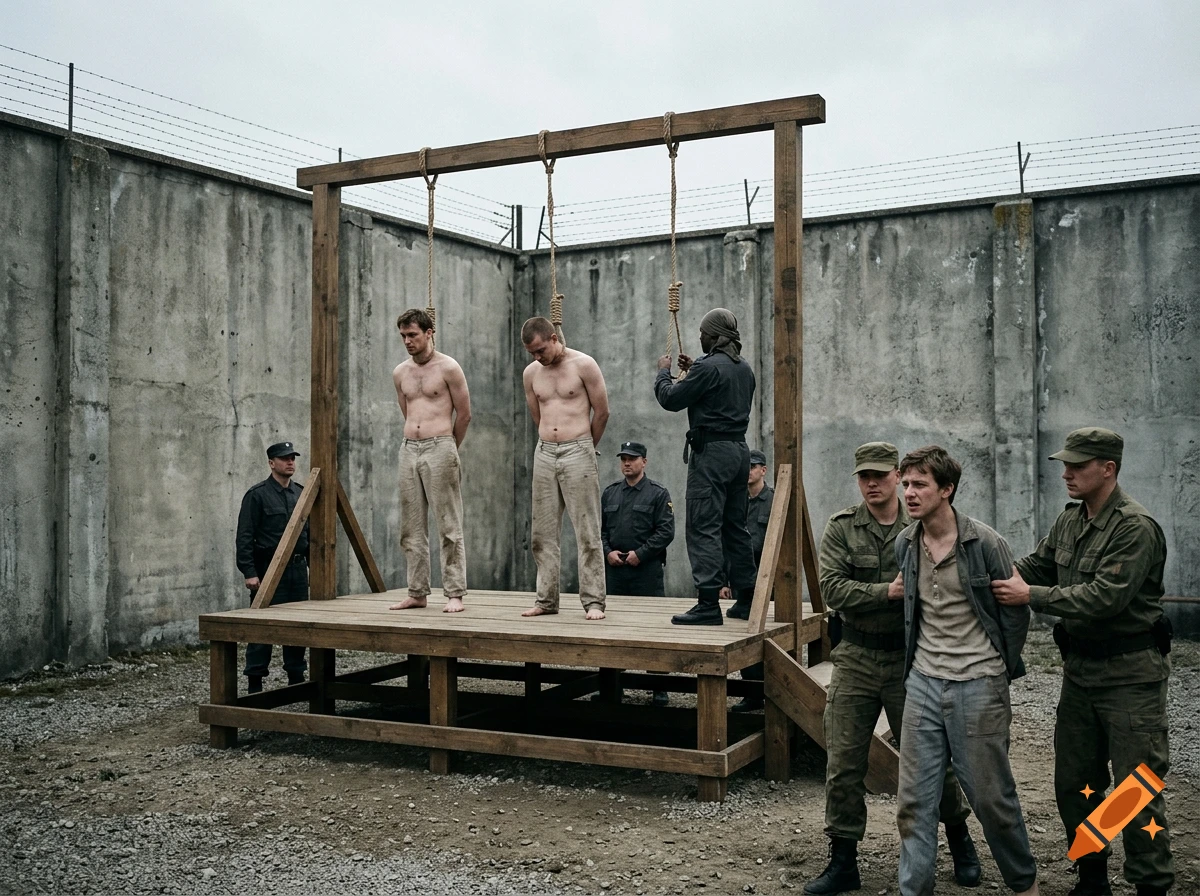 Photorealistic scene of prisoners on a gallows platform with guards and a crying captive in a prison yard.