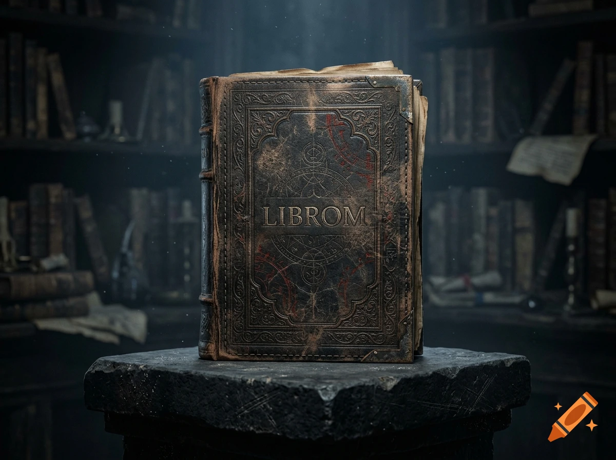 An ornate, dark leather-bound book titled 'LIBROM' resting on a stone pedestal inside a dimly lit library.