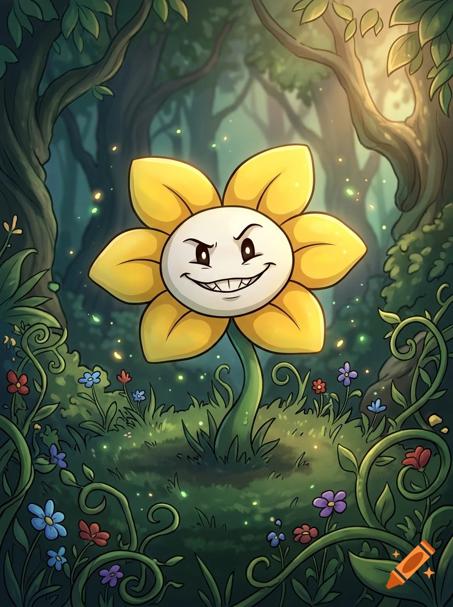 An illustrated yellow flower with a mischievous face stands in a magical forest surrounded by vines and small glowing lights.