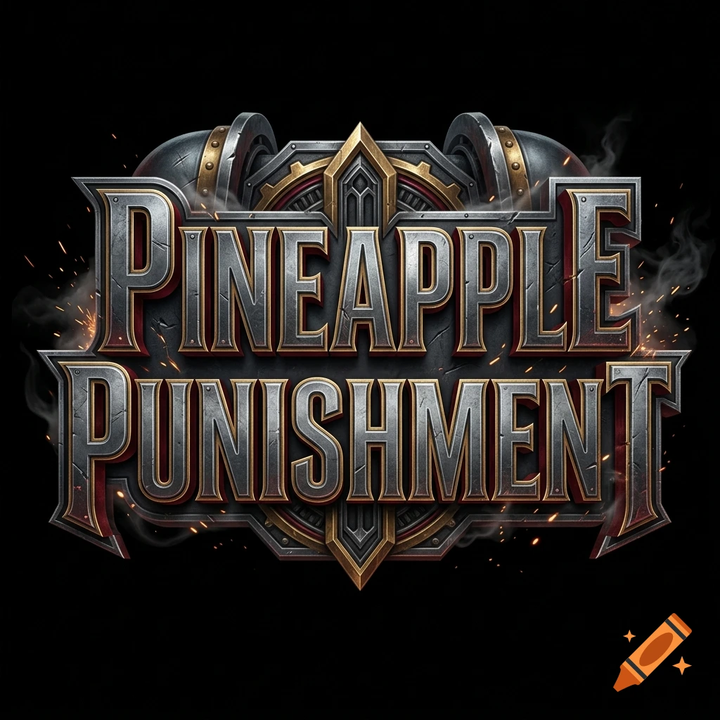 3D metallic and brass gaming logo text that reads Pineapple Punishment in a Warhammer style.