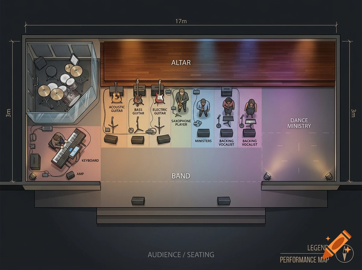 An overhead architectural diagram illustrating a church stage layout, showing instrument and band placement, lighting, dimensions, and designated zones for musicians and ministers.