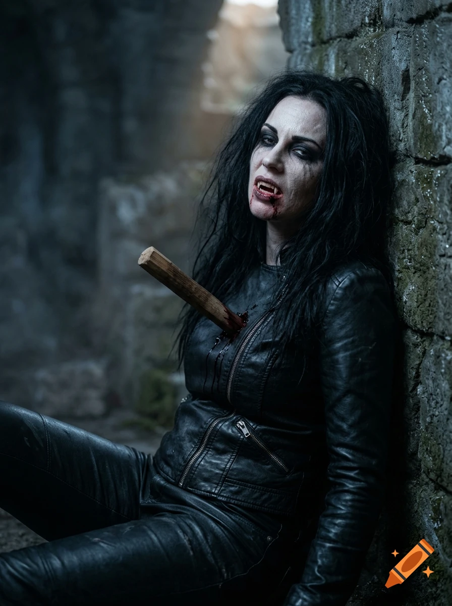 Hyperrealistic digital art of a female goth vampire with fangs and a wooden stake in her chest, slumped against a crypt wall.