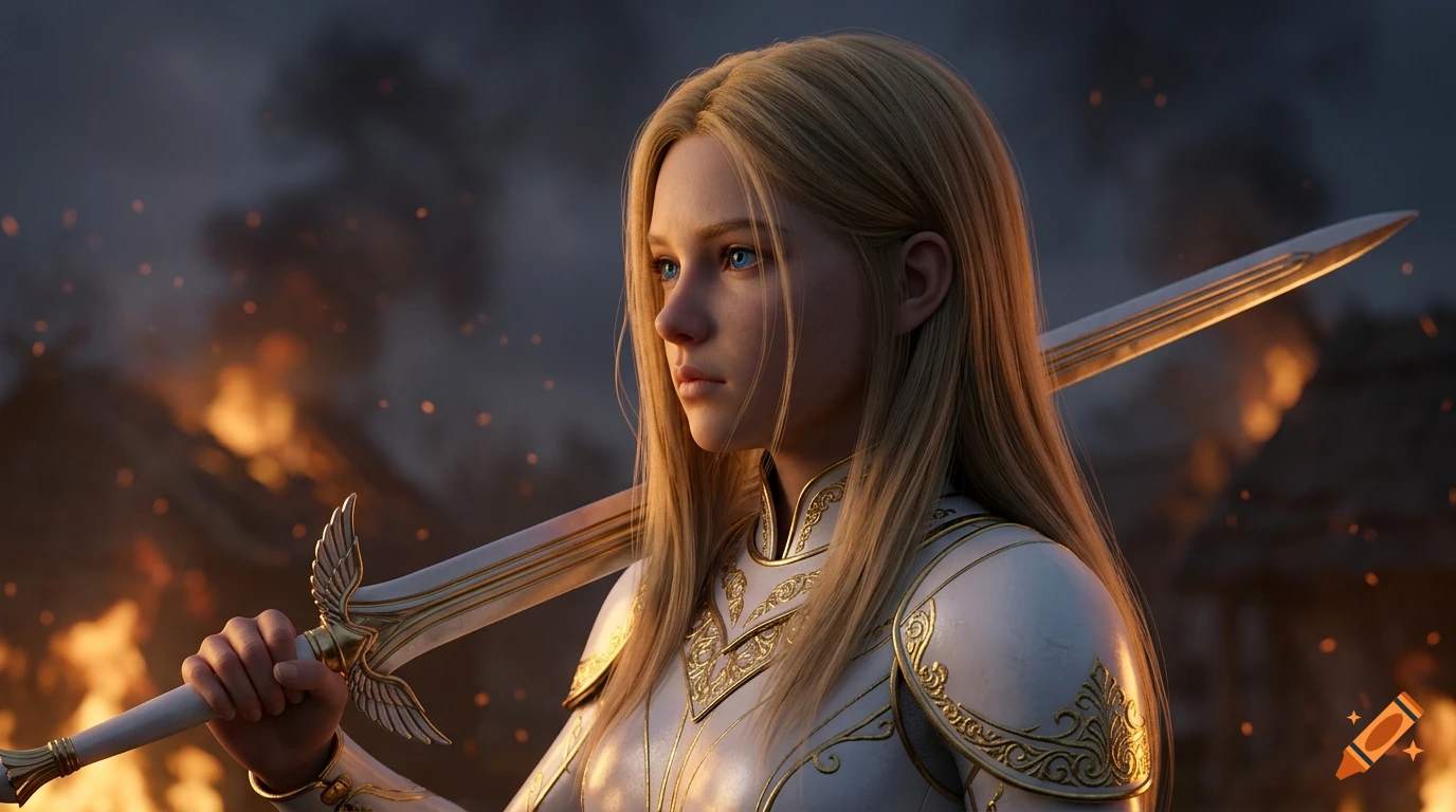 Photorealistic side profile of a young female knight with long blonde hair and blue eyes, holding a sword, with a burning village in the background.