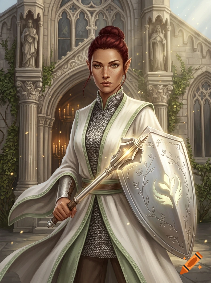 Digital illustration of a serious female elf cleric in white robes and chainmail, holding a glowing mace and shield in front of a church.